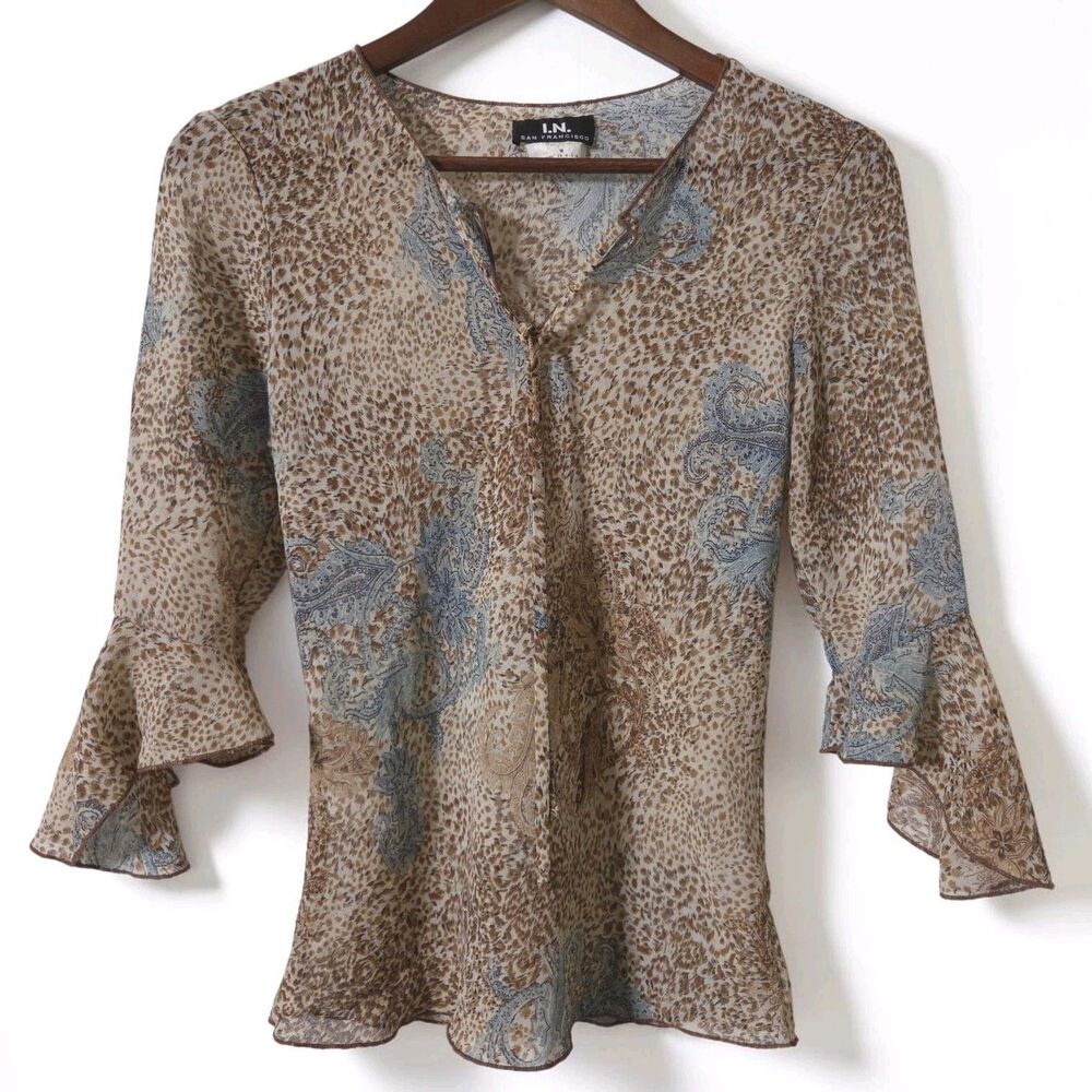 Vintage Y2k I.N. San Francisco Sheer Top M Womens Brown Fairy Bell Sleeve Hippie